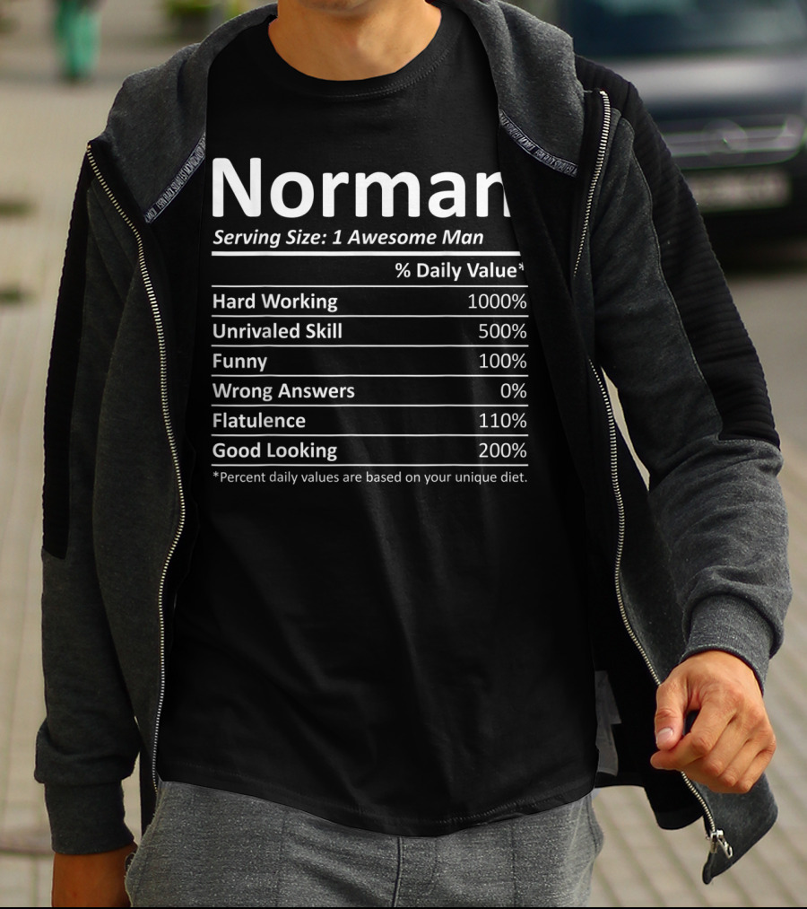 Norman Serving Size 1 Awesome Man Hard Working Unrivaled Skill Funny Zero Wrong Answers Flatulence Good Looking T-Shirt