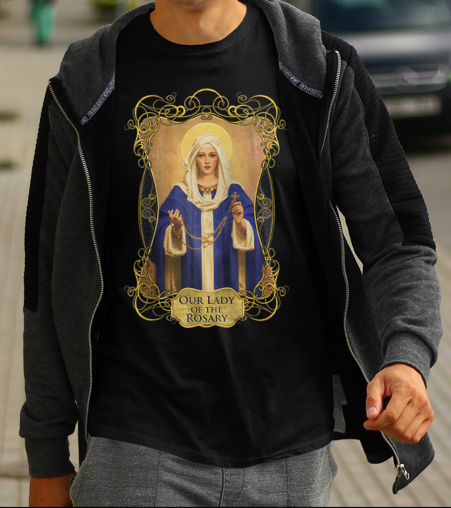 Our Lady Of The Rosary Catholic Prayer Blessed Virgin Mary Icon With Rosary Beads And Cross T-Shirt