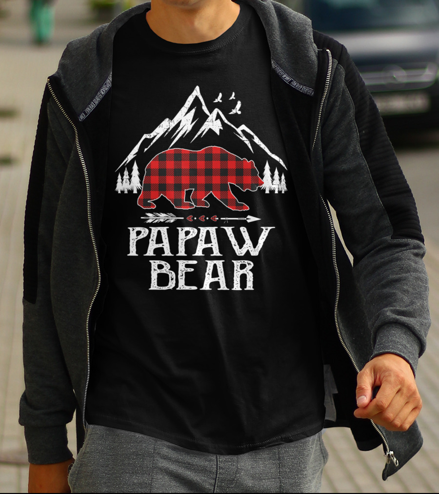 Papaw Bear Christmas Red Plaid Buffalo Mountain Scene T-Shirt