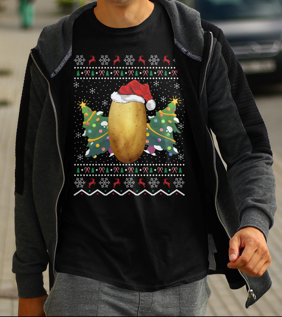 Potato Lover Christmas Ugly Sweater Santa Hat Reindeer Snowflakes Christmas Tree T-Shirt