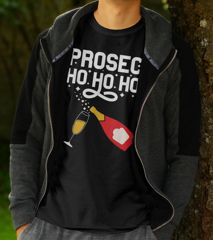 Prosecco Ho Ho Ho Funny Christmas Wine Bottle And Glass T-Shirt