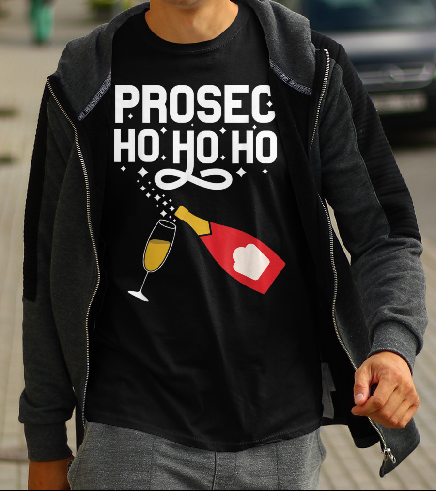 Prosecco Ho Ho Ho Funny Christmas Wine Bottle And Glass T-Shirt