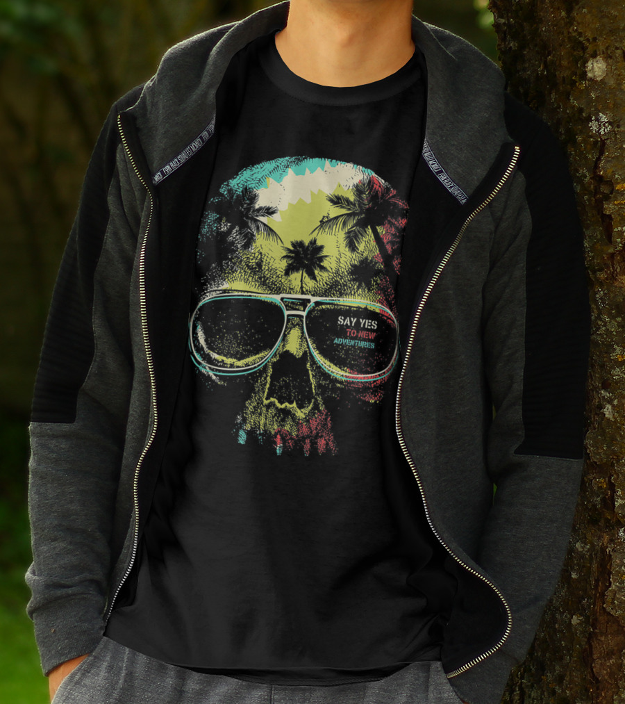 Say Yes To New Adventures Skull With Sunglasses And Palm Trees T-Shirt