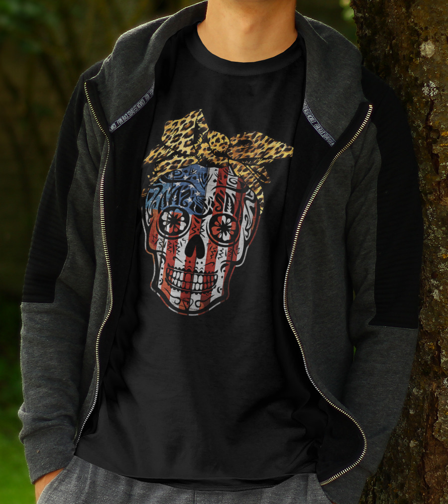 American Sugar Skull With Patriotic Stripes And Leopard Print Bow Fourth Of July T-Shirt