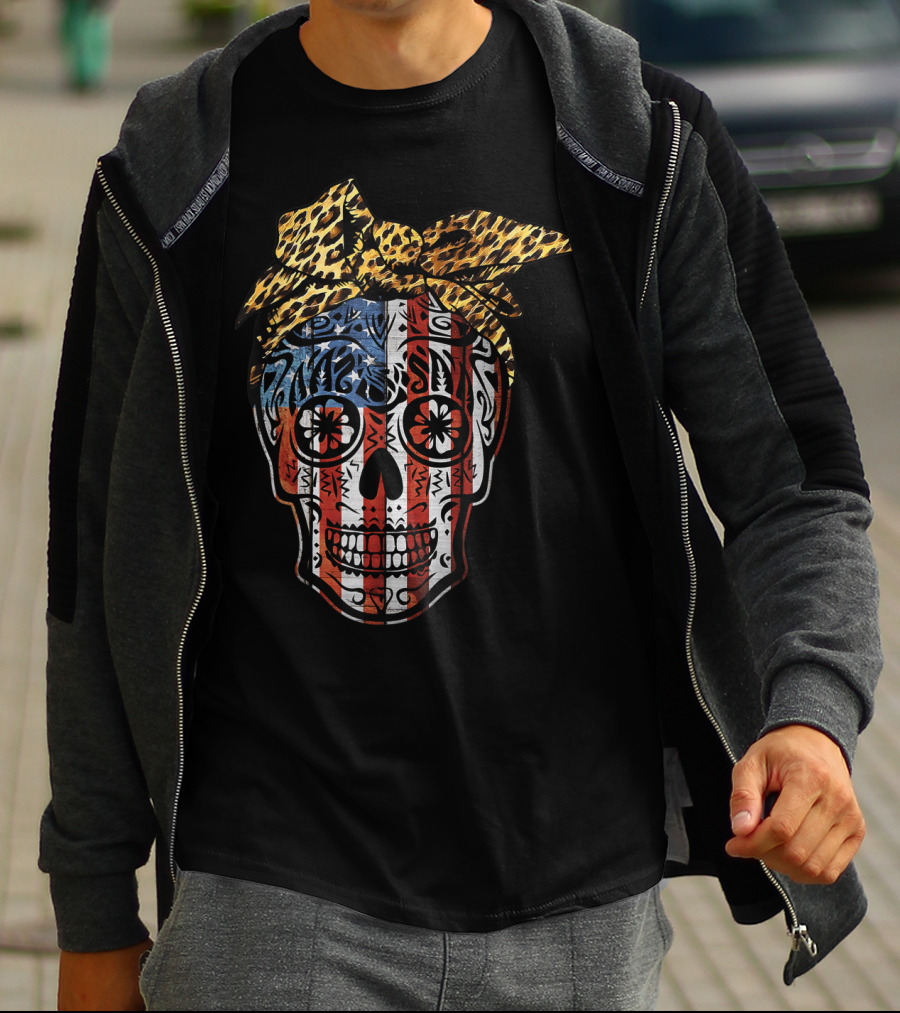 American Sugar Skull With Patriotic Stripes And Leopard Print Bow Fourth Of July T-Shirt