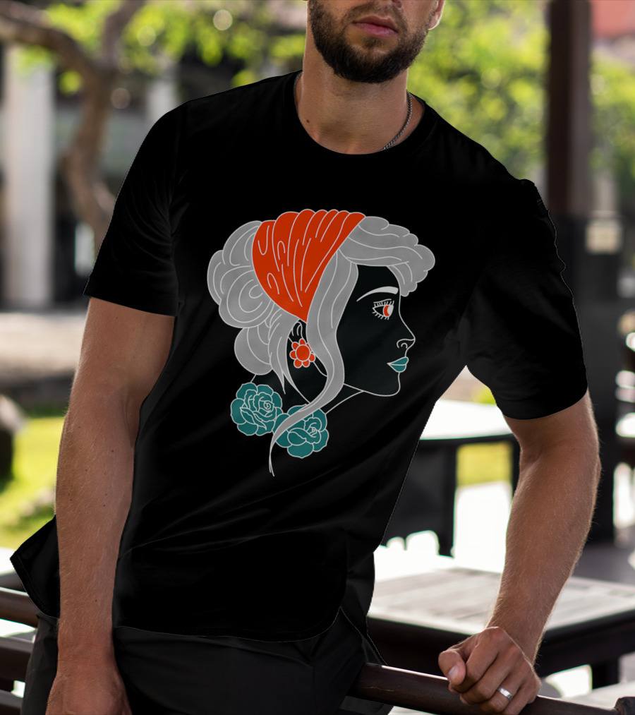 American Traditional Tattoo Gypsy Woman With Orange Headscarf And Roses T-Shirt