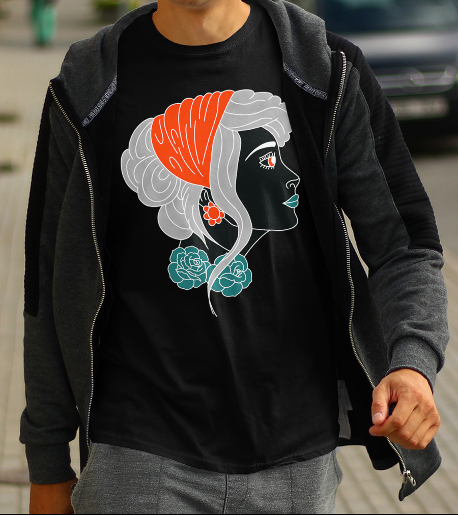 American Traditional Tattoo Gypsy Woman With Orange Headscarf And Roses T-Shirt