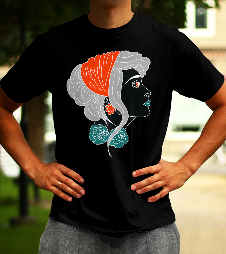 American Traditional Tattoo Gypsy Woman With Orange Headscarf And Roses T-Shirt