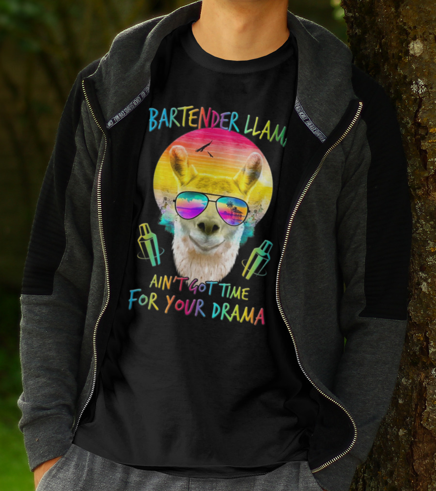Bartender Llama Ain't Got Time For Your Drama Retro Sunset Vibes T-Shirt