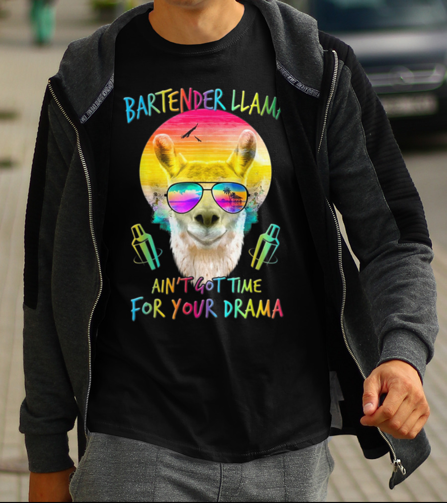 Bartender Llama Ain't Got Time For Your Drama Retro Sunset Vibes T-Shirt