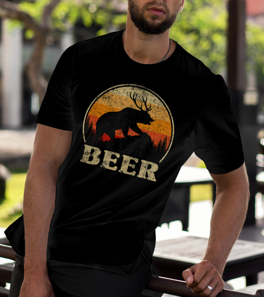 Bear Deer Beer Retro Vintage Silhouette Forest Sunset T-Shirt