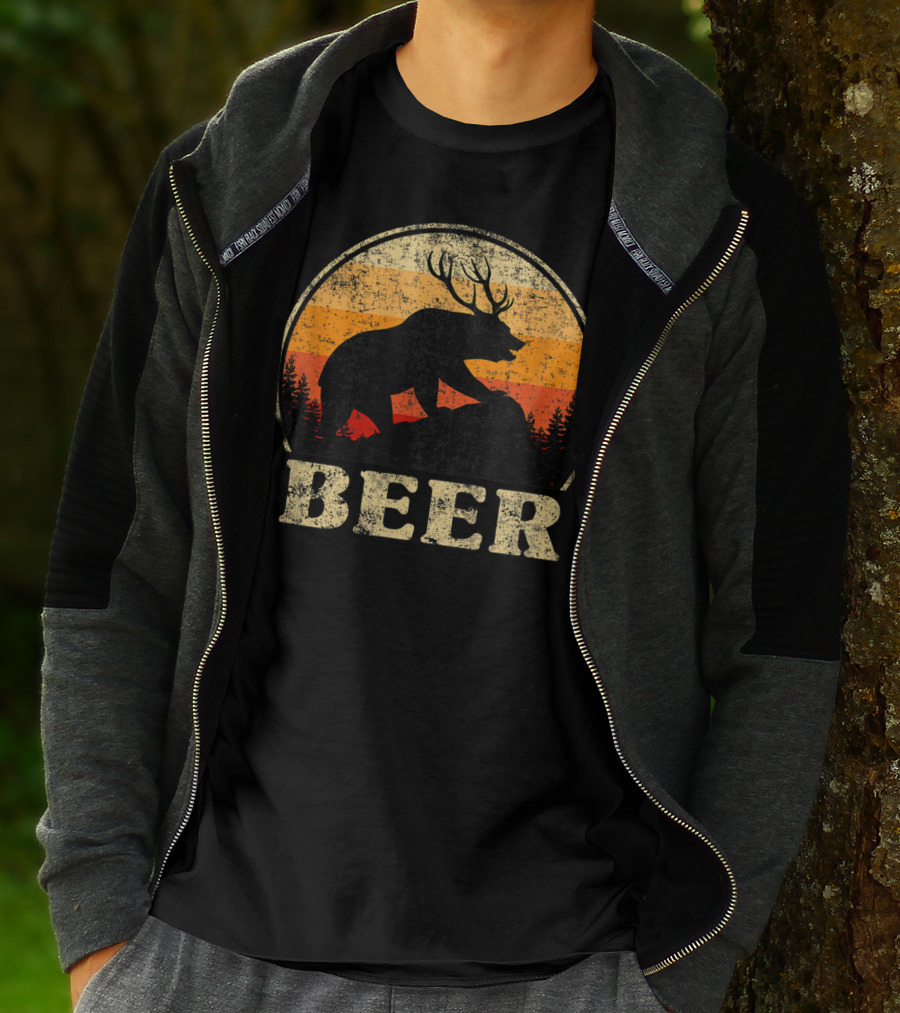 Bear Deer Beer Retro Vintage Silhouette Forest Sunset T-Shirt