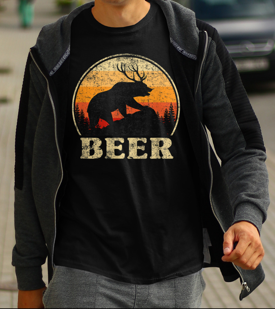 Bear Deer Beer Retro Vintage Silhouette Forest Sunset T-Shirt