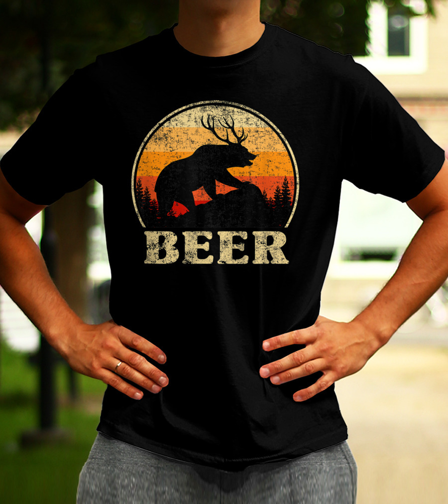 Bear Deer Beer Retro Vintage Silhouette Forest Sunset T-Shirt