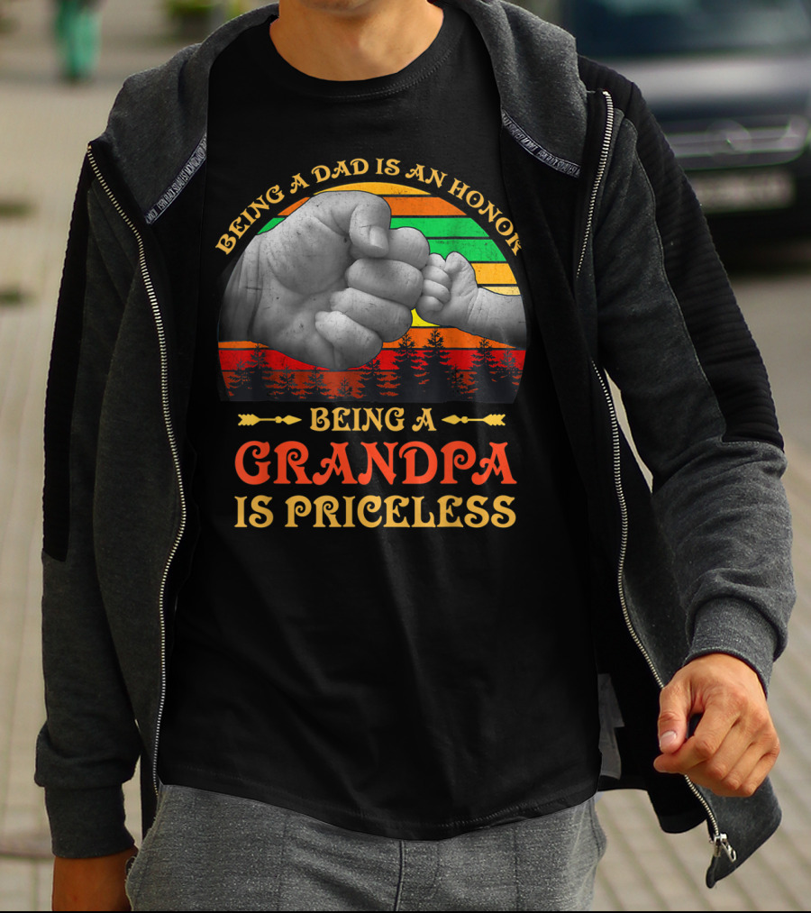 Being A Dad Is An Honor Being A Grandpa Is Priceless Fist Bump Retro Sunset T-Shirt