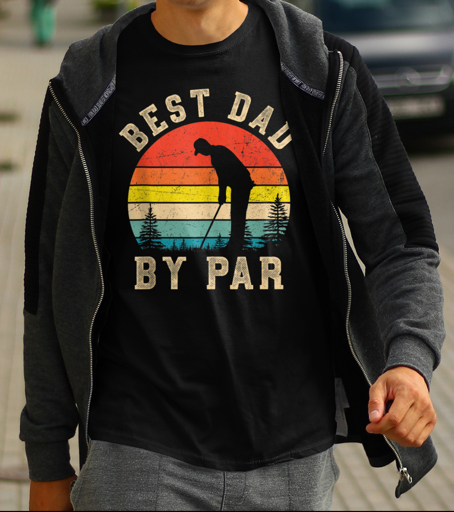 Best Dad By Par Daddy Golf Lover Golfer Retro Vintage Sunset T-Shirt