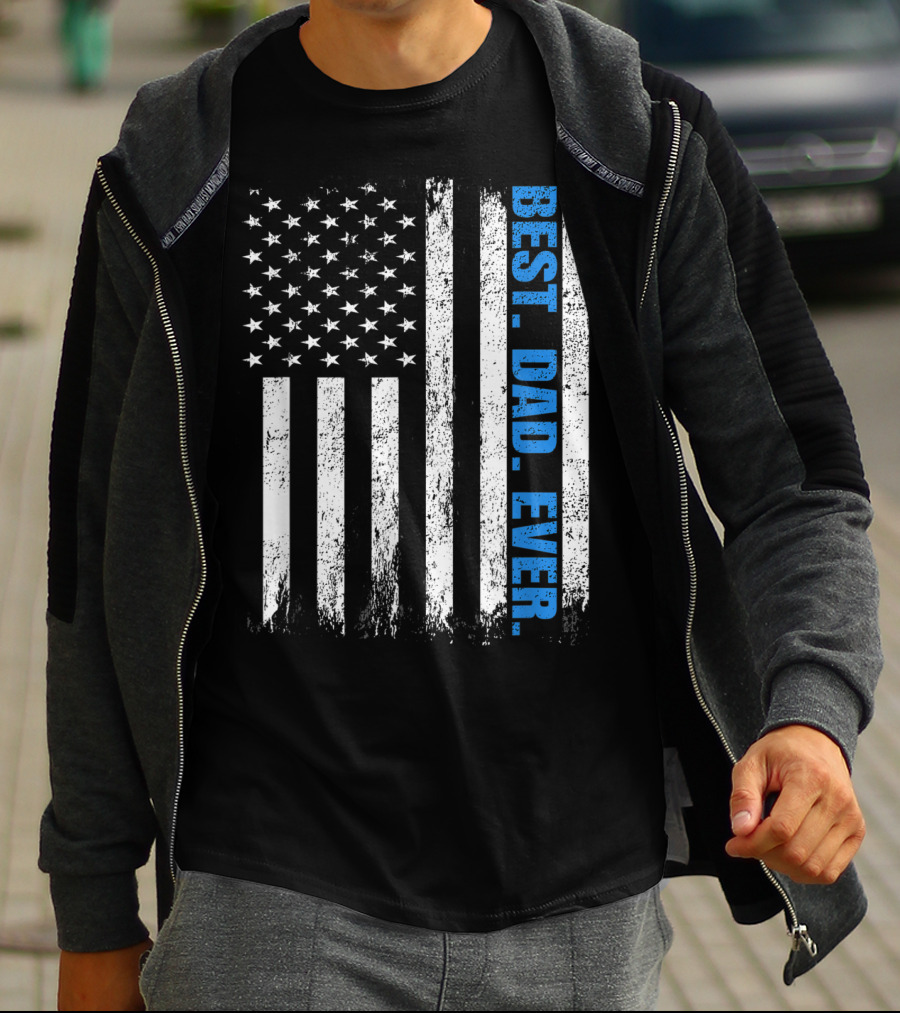 Best Dad Ever USA Flag Fathers Day Police Thin Blue Line T-Shirt