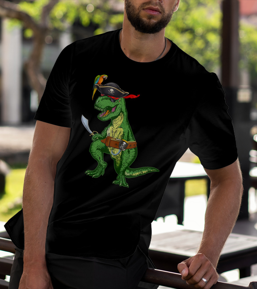 Boys Kids Dinosaur T-Rex Pirate With Parrot And Sword T-Shirt