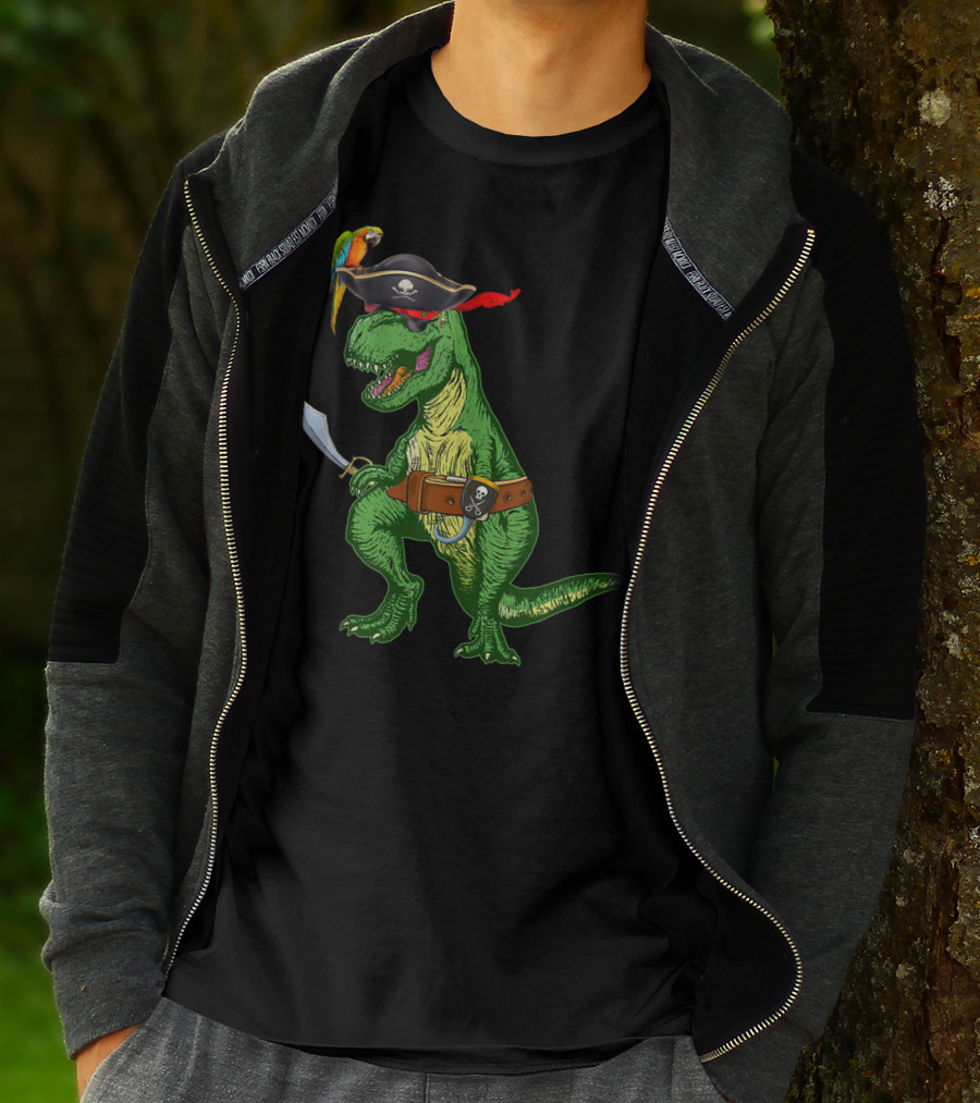 Boys Kids Dinosaur T-Rex Pirate With Parrot And Sword T-Shirt