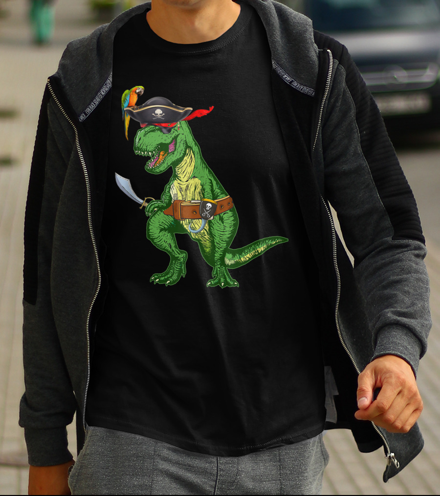 Boys Kids Dinosaur T-Rex Pirate With Parrot And Sword T-Shirt