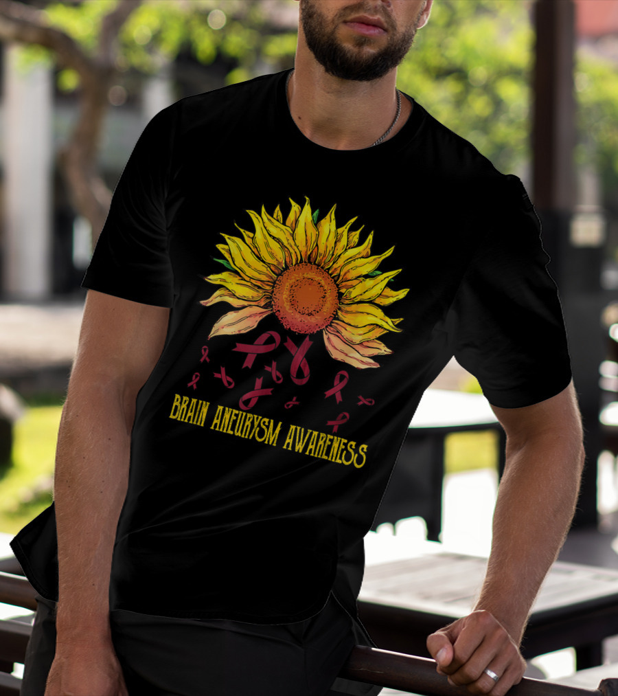 Brain Aneurysm Awareness Sunflower With Yellow Sunflower And Red Ribbons T-Shirt