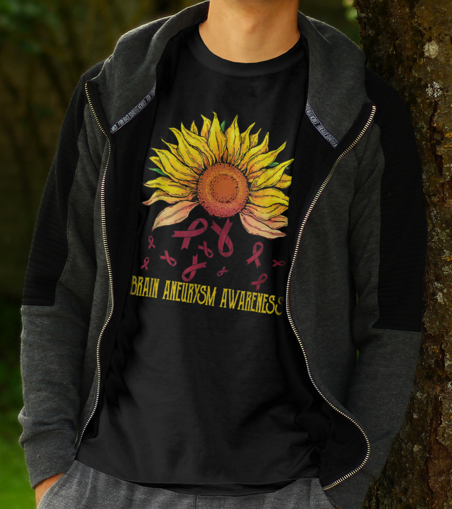 Brain Aneurysm Awareness Sunflower With Yellow Sunflower And Red Ribbons T-Shirt