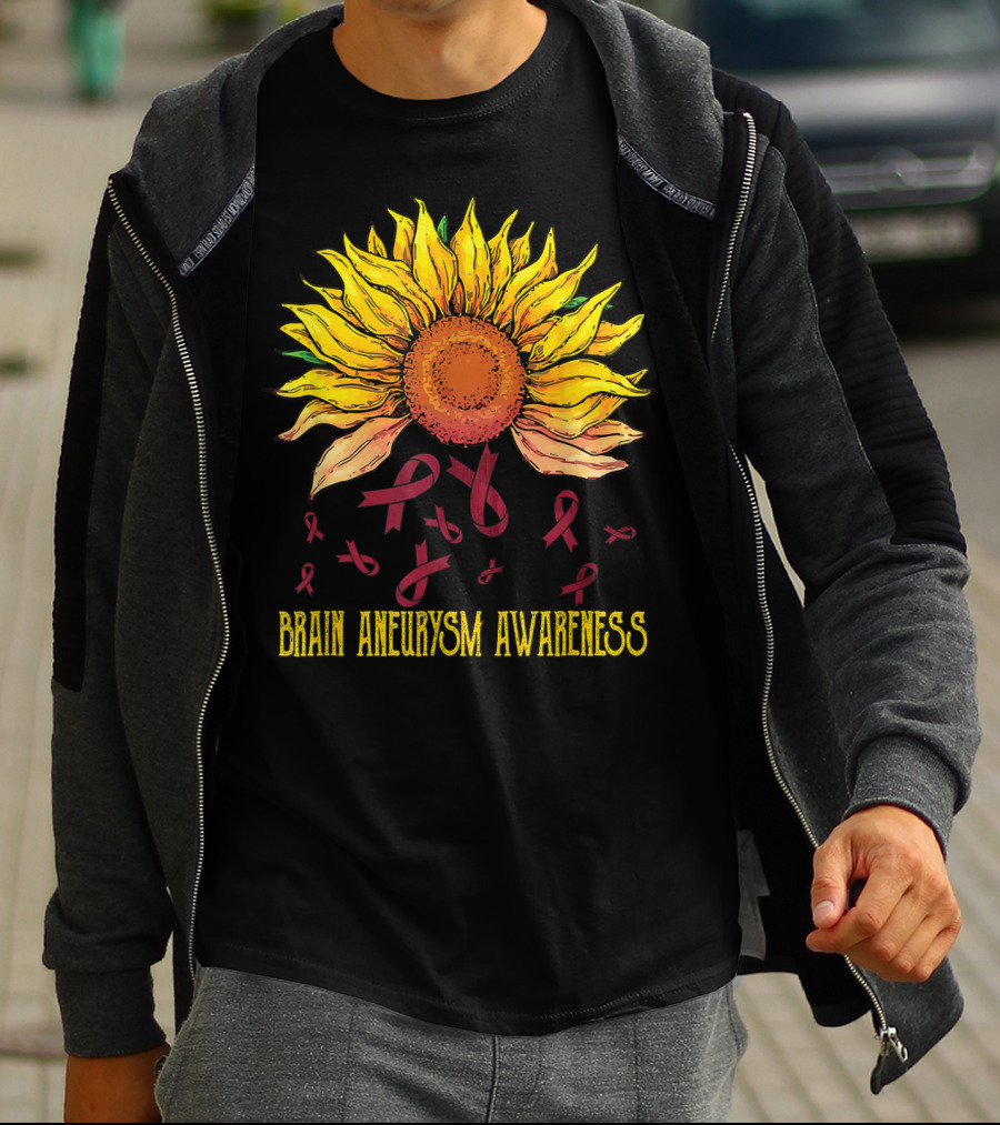 Brain Aneurysm Awareness Sunflower With Yellow Sunflower And Red Ribbons T-Shirt