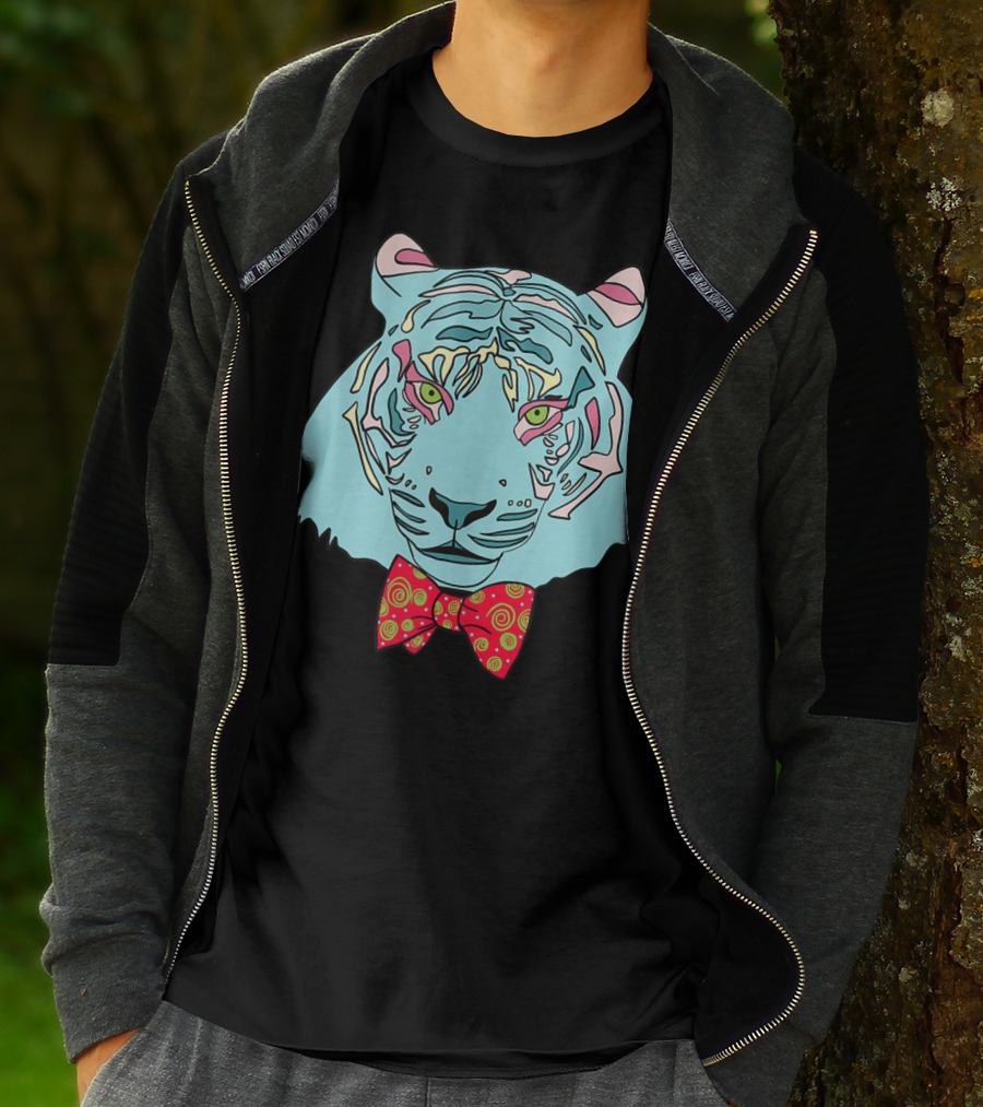 Colorful Tiger Head With Spiraled Bow Tie T-Shirt