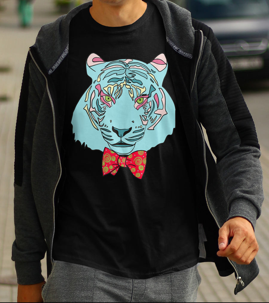 Colorful Tiger Head With Spiraled Bow Tie T-Shirt