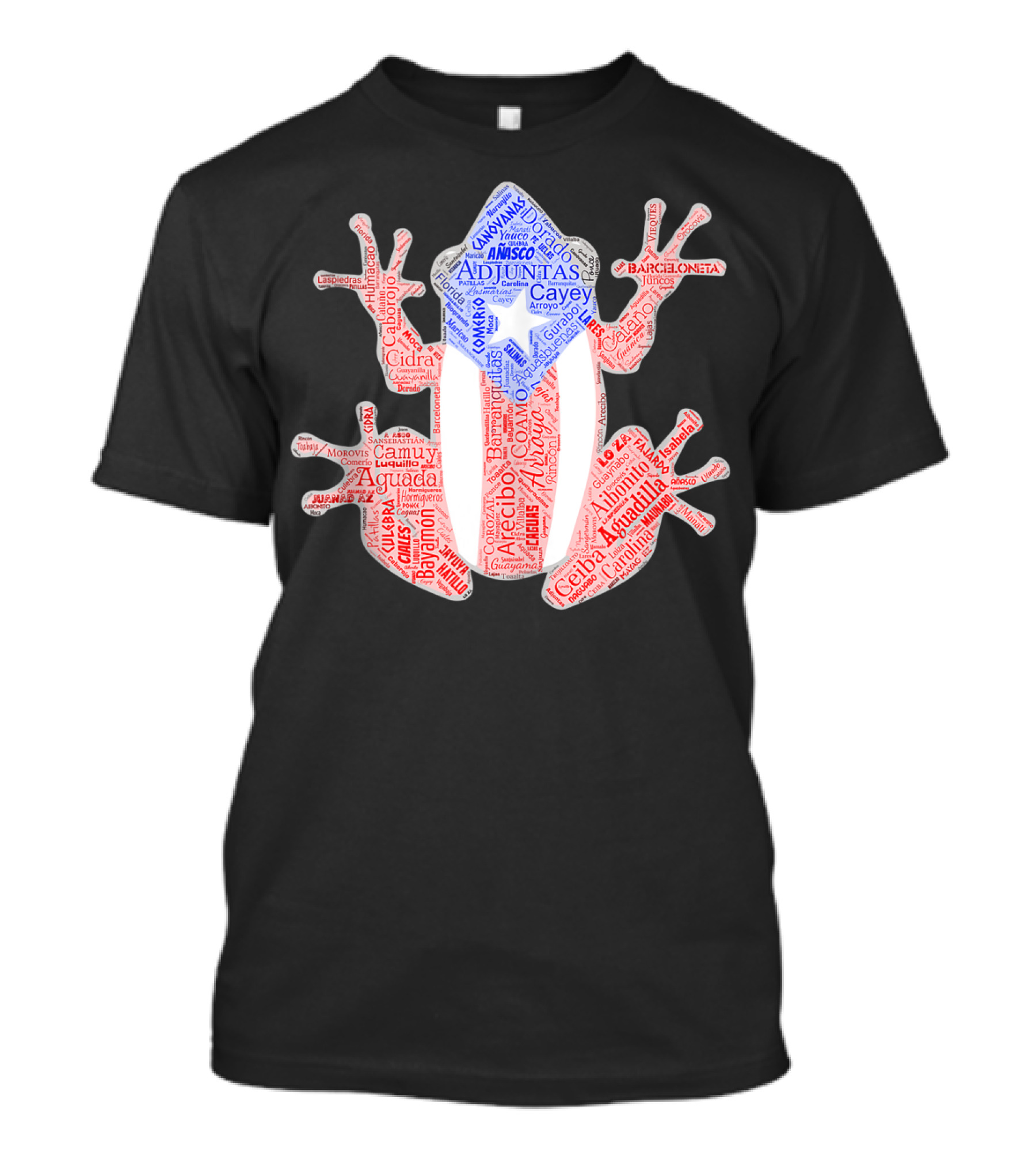 Coqui Taino Puerto Rico Cities Boricua Flag Adjuntas Aguadilla Arecibo Barceloneta Caguas Cayey Ceiba Cidra Coamo Guayama Manati Morovis Yauco T-Shirt