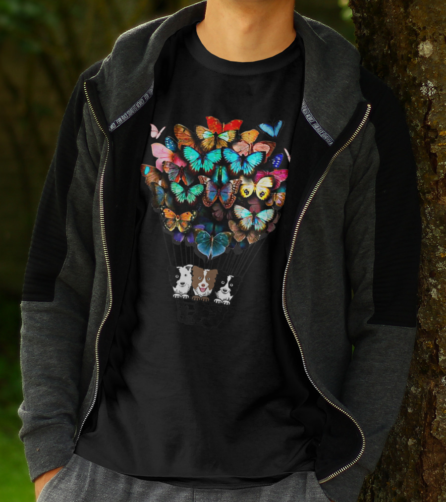 Cute Border Collie Dogs In Hot Air Balloon With Colorful Butterflies T-Shirt