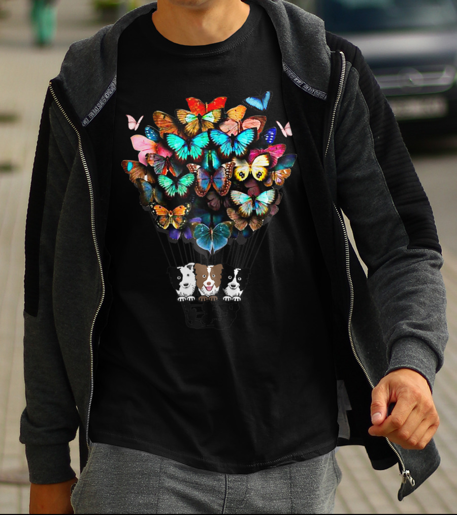 Cute Border Collie Dogs In Hot Air Balloon With Colorful Butterflies T-Shirt