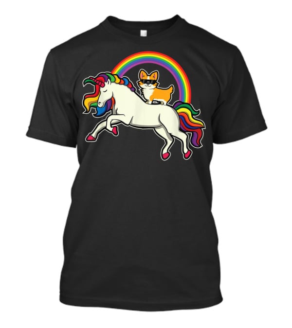 Funny Corgi Riding Rainbow Unicorn Puppy For Dog Lovers T-Shirt