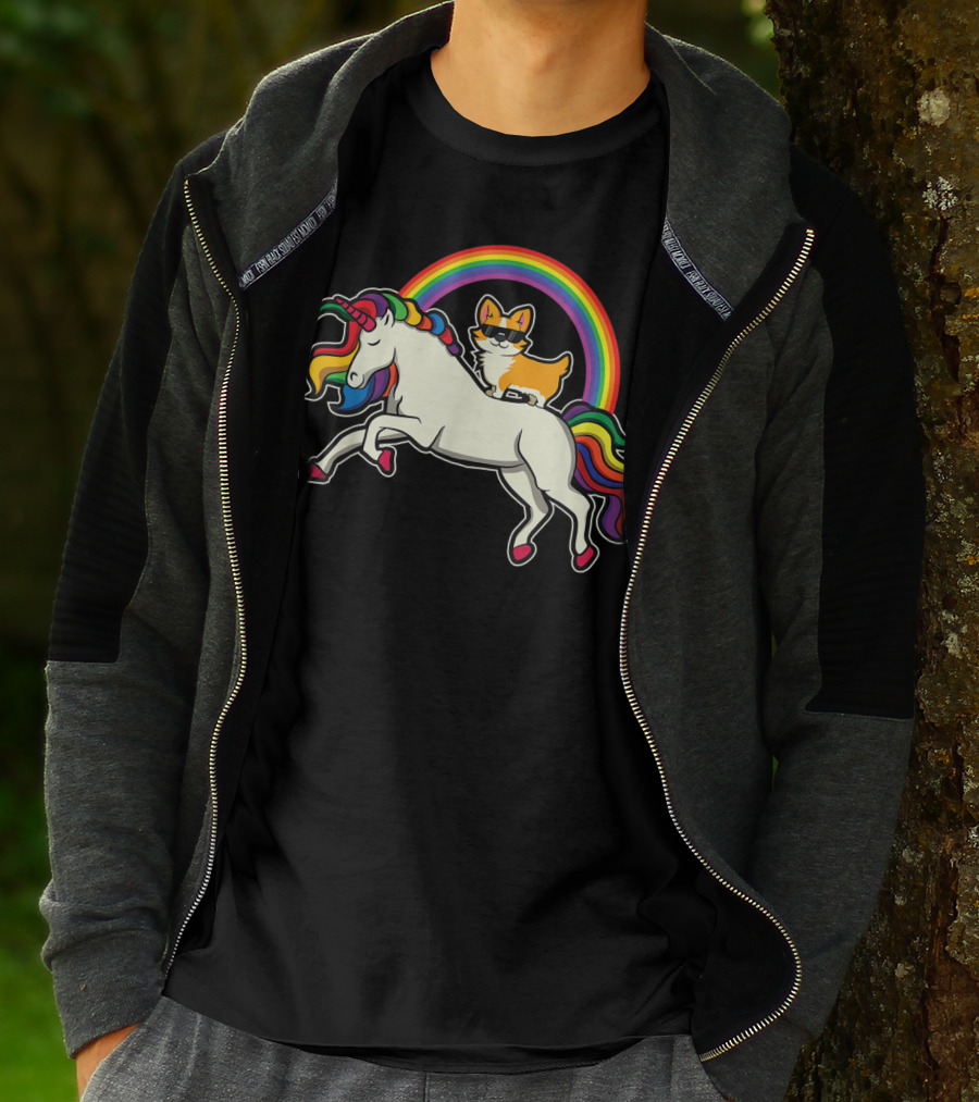 Funny Corgi Riding Rainbow Unicorn Puppy For Dog Lovers T-Shirt