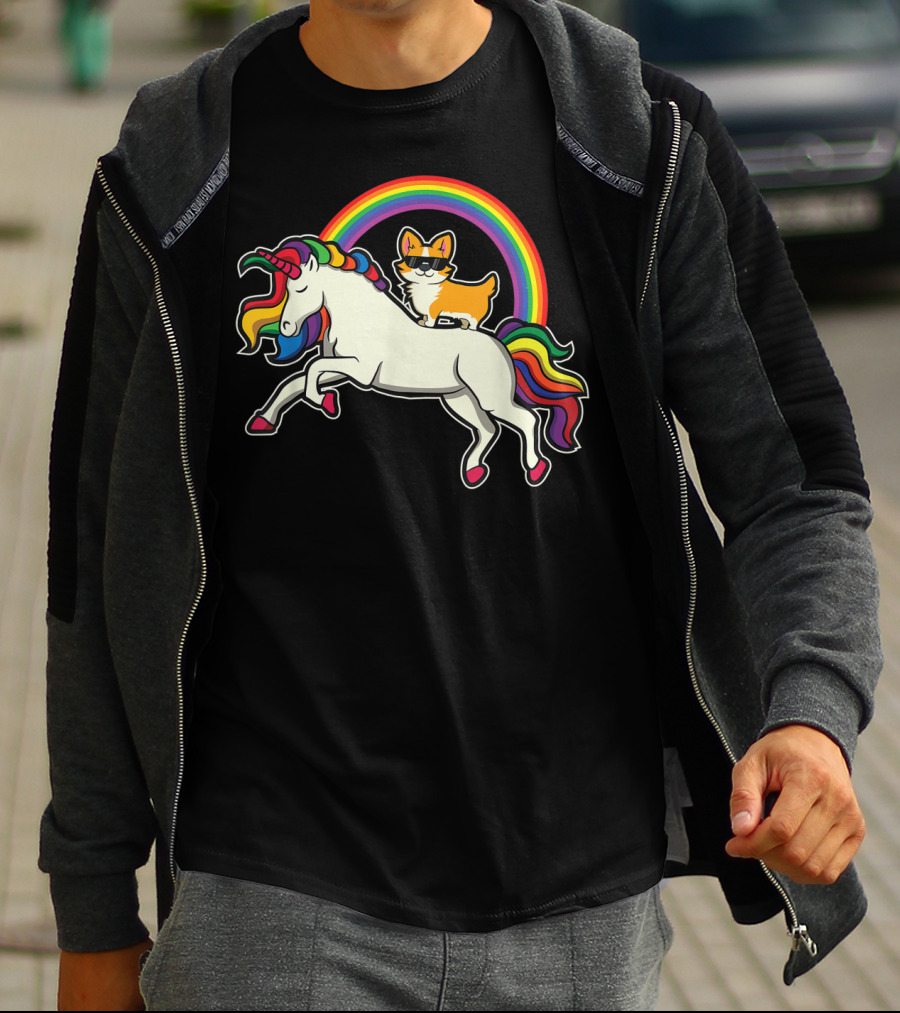 Funny Corgi Riding Rainbow Unicorn Puppy For Dog Lovers T-Shirt