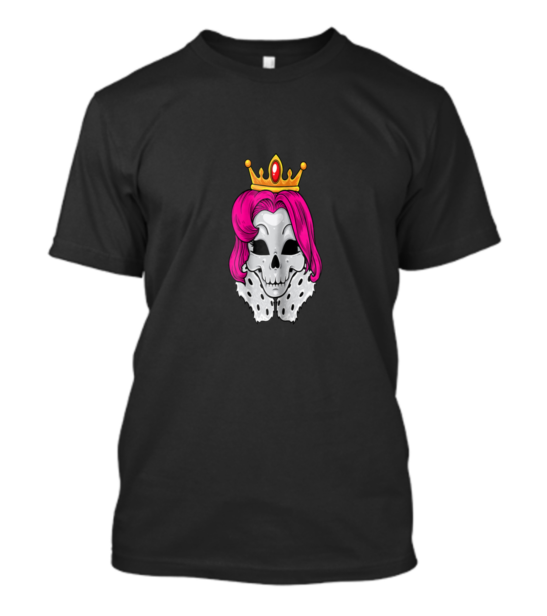 Bright Pink-Haired Skull Queen With Crown And Regal Cape T-Shirt