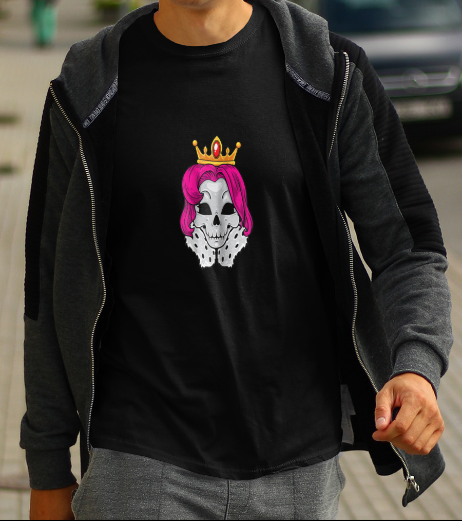 Bright Pink-Haired Skull Queen With Crown And Regal Cape T-Shirt