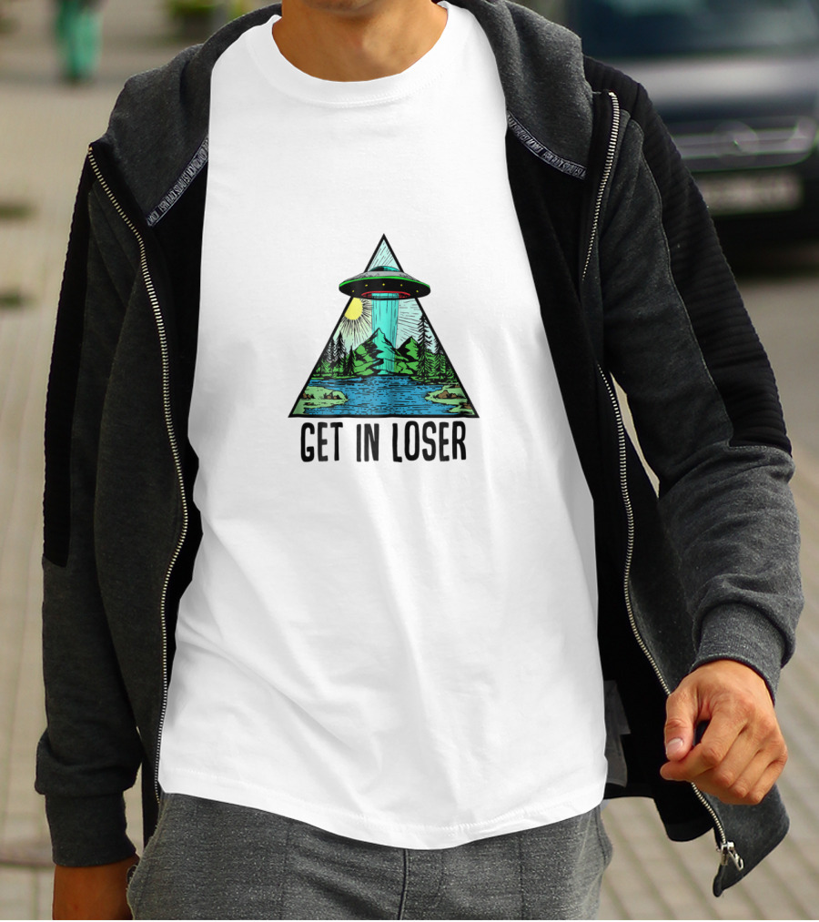 Get In Loser UFO Abduction Triangle With Forest And Lake Scene T-Shirt