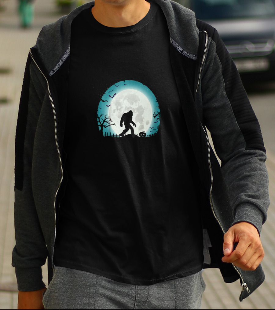 Halloween Bigfoot Silhouette With Full Moon And Bats Scene T-Shirt