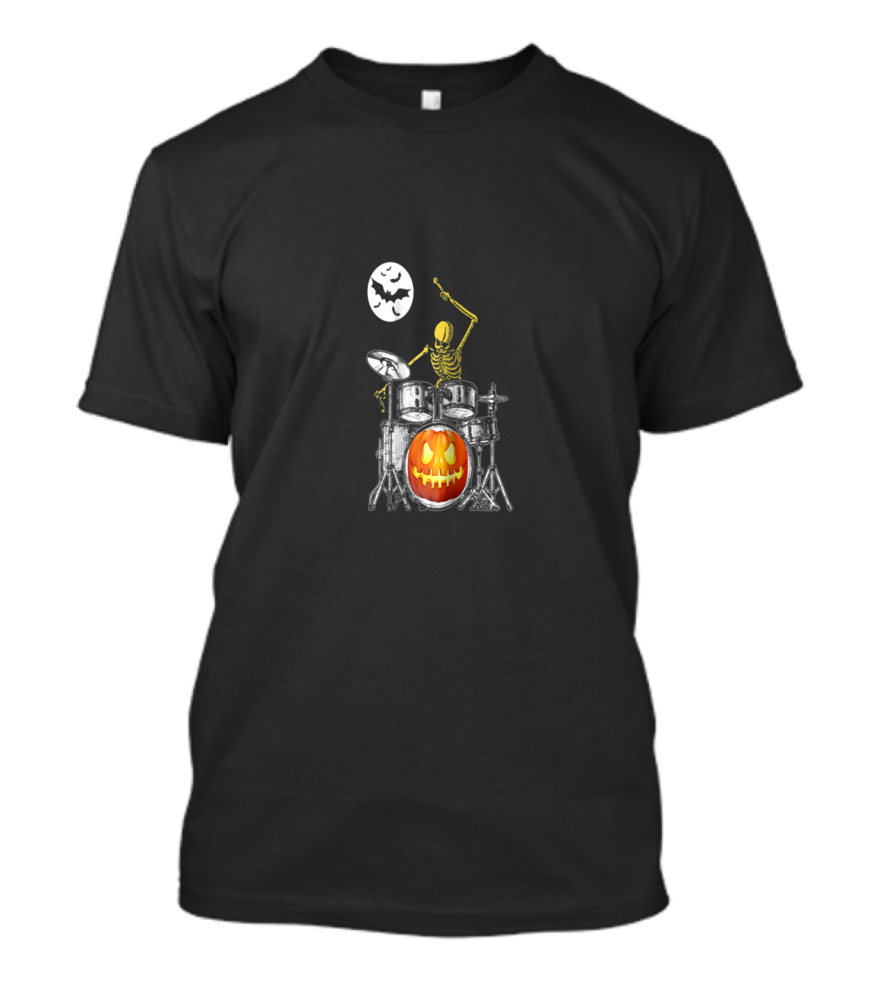 Skeleton Drummer With Jack-O'-Lantern Pumpkin Drum Under Full Moon With Bats T-Shirt