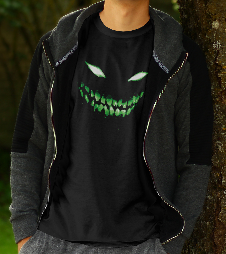Halloween Dark Green Scary Face Glowing Eyes And Teeth T-Shirt