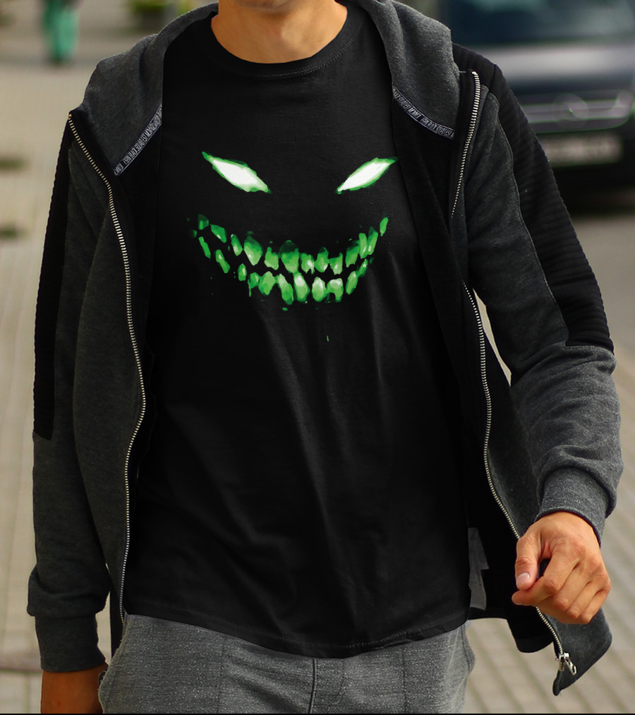 Halloween Dark Green Scary Face Glowing Eyes And Teeth T-Shirt
