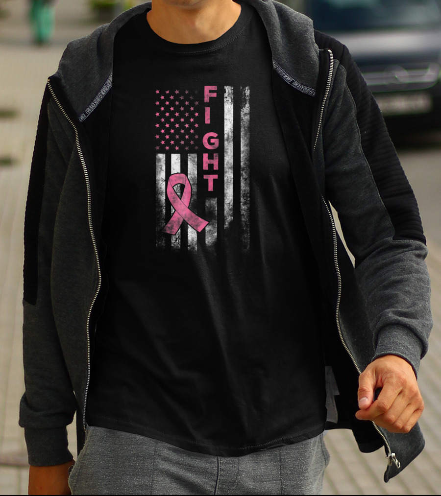 Fight For Breast Cancer Awareness American Flag With Pink T-Shirt