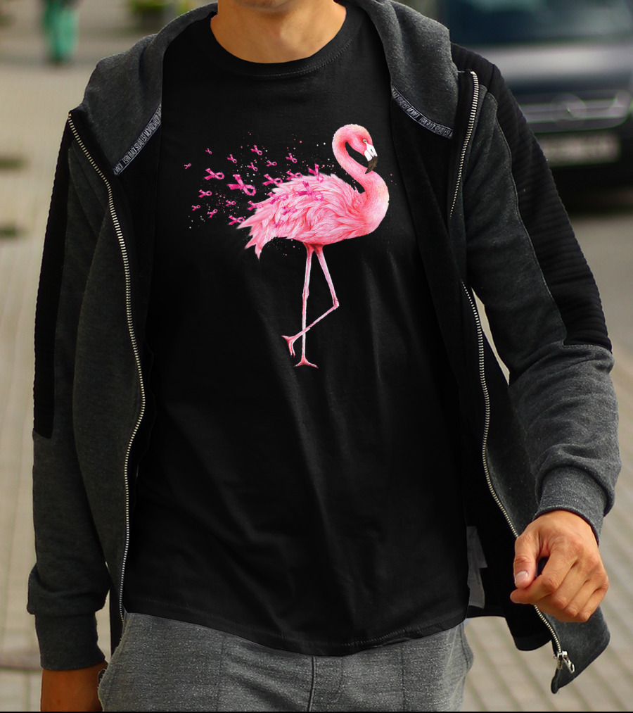 Cute Flamingo Breast Cancer Awareness Pink Ribbon T-Shirt
