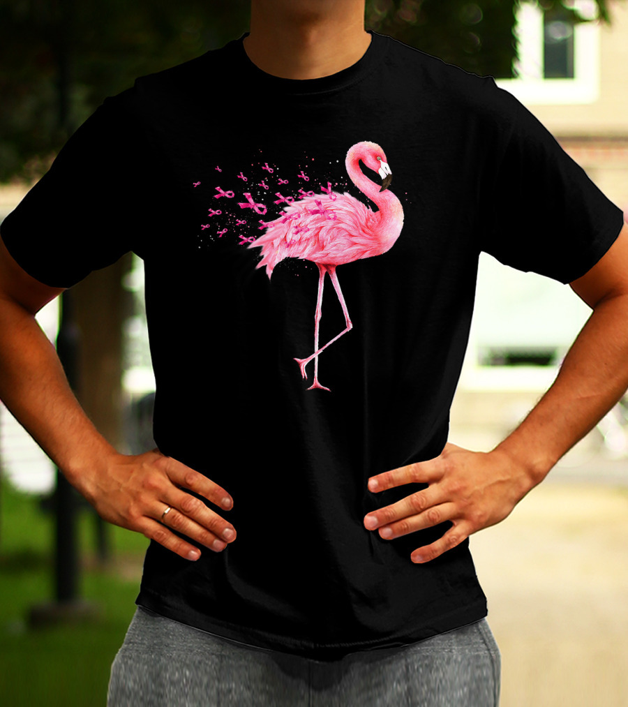 Cute Flamingo Breast Cancer Awareness Pink Ribbon T-Shirt