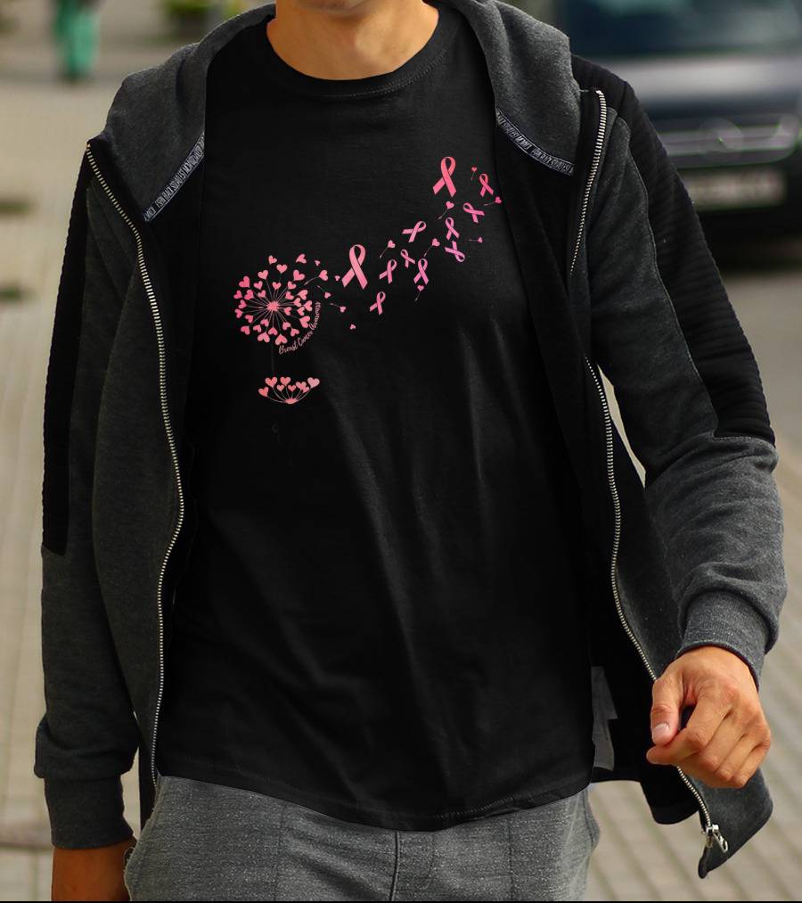 Flower Heart Dandelion Breast Cancer Awareness Ribbons T-Shirt