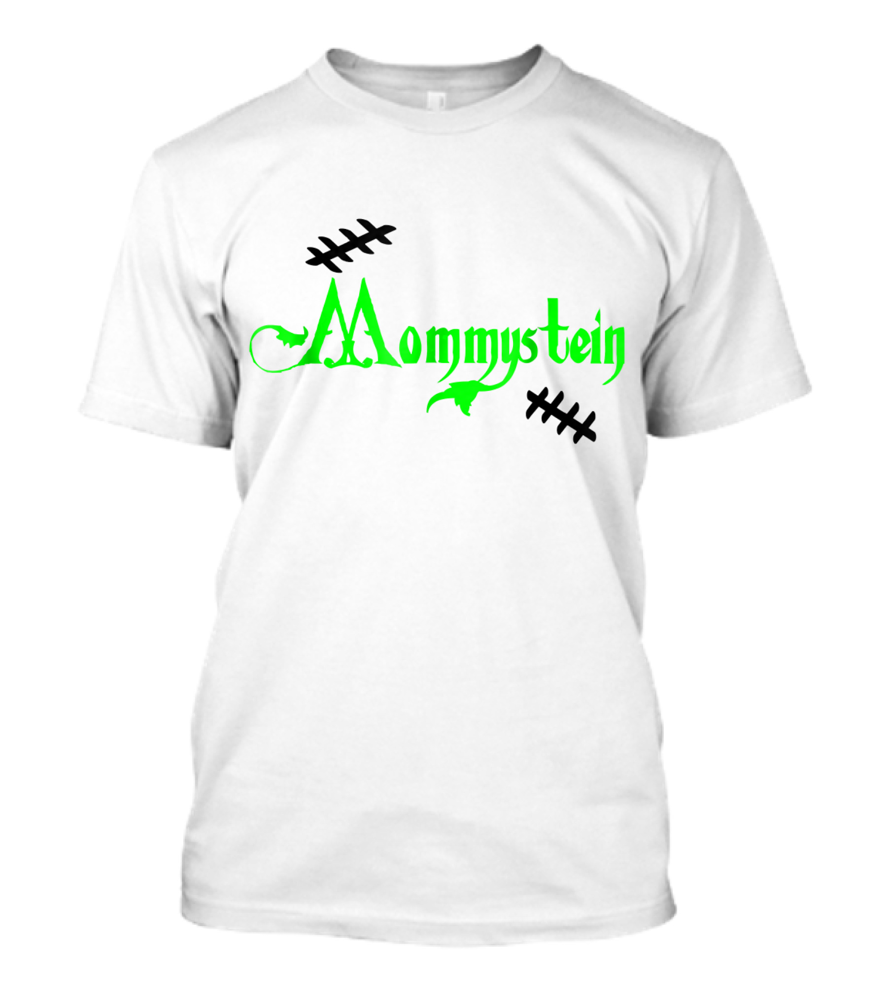 Mommystein Frankenstein Inspired Green And Black Stitched Text T-Shirt