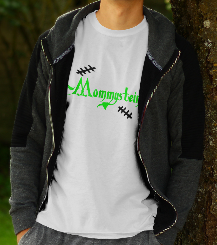 Mommystein Frankenstein Inspired Green And Black Stitched Text T-Shirt