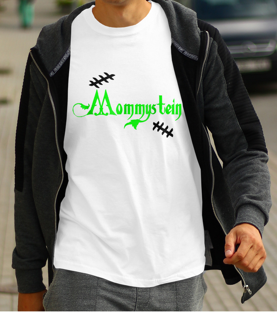 Mommystein Frankenstein Inspired Green And Black Stitched Text T-Shirt