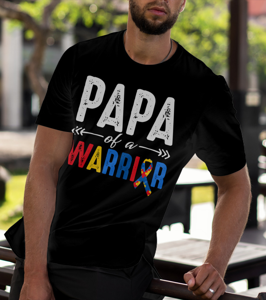 Papa Of A Warrior Autism Awareness Grandpa Colorful Puzzle T-Shirt